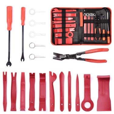MICTUNING 19Pcs Auto Audio Trim Removal Tool Set &amp; Clip Plier Upholstery Fastener Remover Nylon Dash Door Panel Stereo Tool Kits (Red)
