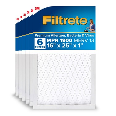 Filtrete 16x25x1 AC Furnace Air Filter, MERV 13, MPR 1900, Premium Allergen, Bacteria &amp; Virus Filter, 3-Month Pleated 1-Inch Electrostatic Air Cleaning Filter, 6-Pack (Actual Size 15.69x24.69x0.78 in)