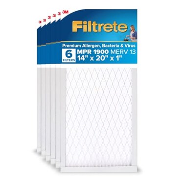 Filtrete 14x20x1 AC Furnace Air Filter, MERV 13, MPR 1900, Premium Allergen, Bacteria &amp; Virus Filter, 3-Month Pleated 1-Inch Electrostatic Air Cleaning Filter, 6-Pack (Actual Size 13.81x19.81x0.78 in)