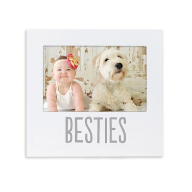 Pearhead Bestie and Baby Keepsake Frame, Wood Photo Frame for Baby and Pet, with Easel Back and Wall Hanger, Perfect Gender Neutral Nursery Decor and Shower Gift, White
