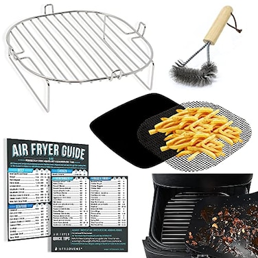 Air Fryer Accessories Compatible with Gourmia, Ninja Foodi, Nuwave&reg; Brio, Paula Deen, Philips, Power XL + More, Air Fryer Rack, Air Fryer Cheat Sheet Guides, Air Fryer Liners and Cleaner Brush