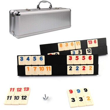 KAILE 106 Rummy Tiles Game, Rummy Cube Sets Travel Game Outlasting Color with Aluminum Case &amp; 4 Anti-Skid Durable Trays,2-4 palyers