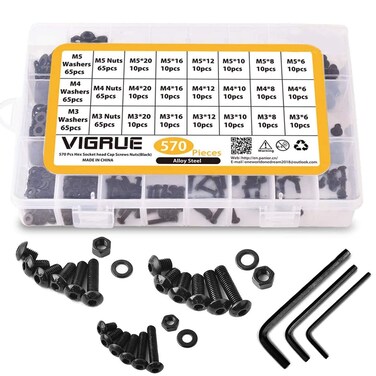 VIGRUE 570Pcs M5 M4 M3 Button Head Socket Cap Screws Bolts Nuts Washers Assortment Kit, Black Small Metric Screws Set Assortment, 10.9 Grade Alloy Steel