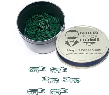 Butler in the Home Alligator Gator or Crocodile Shaped Paper Clips Great for Paper Clip Collectors or Office Gift - Comes in Round Tin with Lid and Gift Box (100 Count Green)