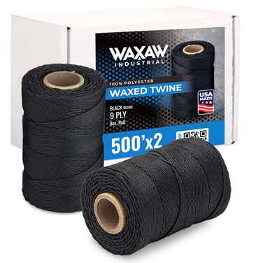 Waxed Twine Lacing Cord 160 LBS Tensile Strength (2-Rolls) each 500 Feet Spool   9-ply   100% Polyester   Black Cable Tie Down USA Made