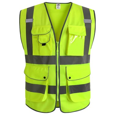 JKSafety 9 Pockets Class 2 High Visibility Zipper Front Safety Vest With Reflective Strips, Yellow Meets ANSI/ISEA Standards (4X-Large 150-Yellow)