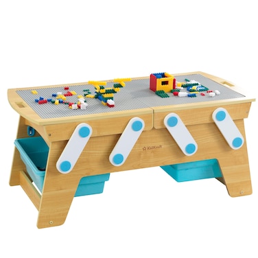 KidKraft Building Bricks Play N Store Wooden Table, Children's Toy Storage with Bins, 200+ Building Blocks Included, Natural, Gift for Ages 3+