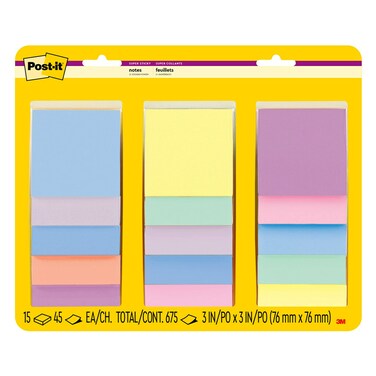 Post-it Super Sticky Notes, 3x3 in, Assorted Pastel Colors, 15 Pads, 2X The Sticking Power, Recyclable (654-15SSPS)