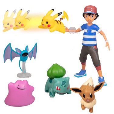 Pok&eacute;mon Battle Figure Multi Pack Toy Set with Launching Action - Generation 1 - Includes Ash, Pikachu, Eevee, Bulbasaur, Ditto &amp; Zubat - 6 Pieces - Ages 4+