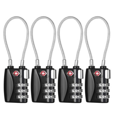 ZHEGE TSA Approved Luggage Locks, 4 Pack, Travel Padlocks, 3 Digit Cable Locks for Baggage, Suitcase, Gym Lockers (Black)