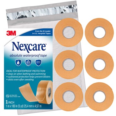 Nexcare Absolute Waterproof Tape, Flexible Foam Medical Tape, Secures Dressing and Keeps Wounds Dry - 1 In x 5 Yds, 6 Rolls of Tape