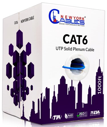 NewYork Cables   CAT6 Plenum Cable 1000ft (CMP)   UTP, 550MHz, 23AWG, 4Pair UTP 10GB Internet Cable   Quality Tested Bulk Ethernet Cable for Networking &amp; Gaming (Blue)