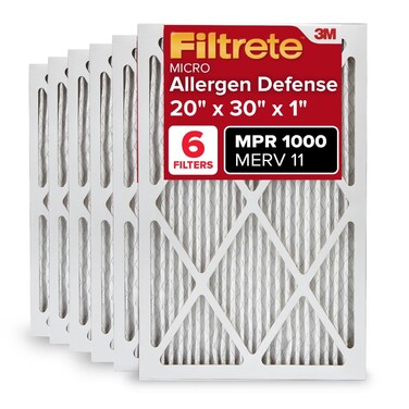 Filtrete 20x30x1 AC Furnace Air Filter, MERV 11, MPR 1000, Micro Allergen Defense, 3-Month Pleated 1-Inch Electrostatic Air Cleaning Filter, 6 Pack (Actual Size 19.81 x 29.81 x 0.81 in)