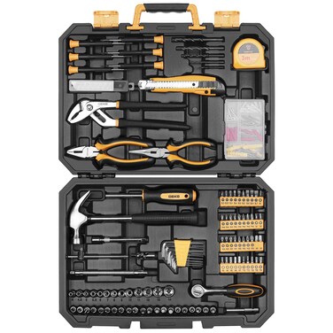 DEKO 196 Piece Tool Set General Household Hand Tool Kit with Rip Claw Hammer,Lineman's Plier, Measure Tape Rule &amp; Plastic Toolbox Storage Case