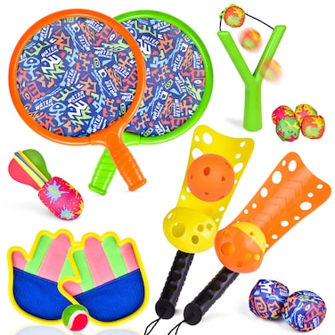 FUN LITTLE TOYS 17 Pieces Sports Outdoor Games Set with Scoop Ball Toss, Toss and Catch Games, Tennis Racket Sports Toy, Slingshot Rocket Copters Water Toys for Kids