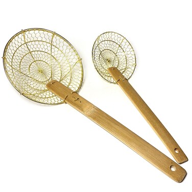 5" &amp; 7" Round Brass Spider Strainer with Bamboo Handles Set Sunrise Kitchen Supply