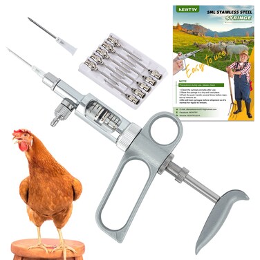 NEWTRY 5ml Livestock Syringe, Continuous Adjustable Animal Syringe, Stainless Steel, for Cattle Sheep Pig Goat