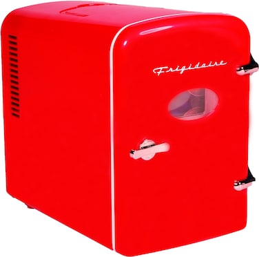 Frigidaire Red Mini Personal Fridge Cooler, 1 Gal Capacity fits Six Cans, Includes Plugs for Home Outlet &amp; DC Charger - 9.84" D x 7.09" W x 10.35" H