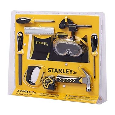 STANLEY Jr. 10-Piece Kids Tool Set with Tool Belt Pouch and Real Construction Tools for Pretend Play Toys or Building and Woodworking Activities