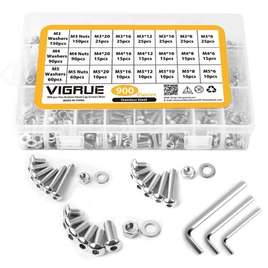 VIGRUE 900Pcs Screws Bolts Nuts Washers Hardware Assortment Kit,Metric M3 M4 M 5 Hex Button Socket Head Cap Screws Nuts Assortment Set Kit