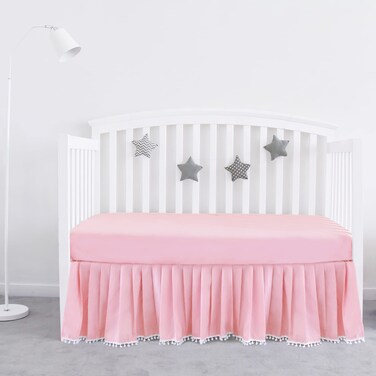 Pink Crib Skirt Pleated with White Lovely Pompoms, Bedding Dust Ruffle for Girls, 14" Drop, Fit All Standard Crib Bed, Fade Resistant Crib Bed Skirt Machine Wash