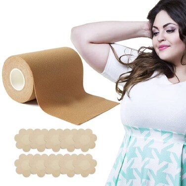 Cindy's Tape Boob Tape 3 inch Wide Plus Boobytape for Breast Lift Adhesive Bra Tape with Nipple Covers for Large Big DD Cup up Size,Body Tape for Chest Support,Waterproof.Push in All Dress