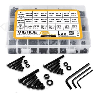 VIGRUE 570Pcs M5 M4 M3 Button Head Socket Cap Screws Bolts Nuts Washers Assortment Kit, Black Small Metric Screws Set Assortment, 10.9 Grade Alloy Steel