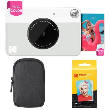KODAK Printomatic Full-Color Instant Print Camera Starter Bundle + Carrying Case + Zink 20pk Photo Paper - Colorful Photos On 2x3 Sticky-Back Paper - Fun Gift for Birthday Christmas Holiday - Grey