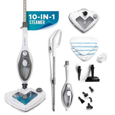 Steam and Go 10-in-1 Steam Mop - Floor Steamer with Detergent Chamber and Detachable Handle for Tile Grout, Clothes, Furniture, Hardwood, Upholstery, &amp; Carpet, Handheld Steam Cleaner for Home Use