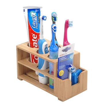 MobileVision 5 Slot Toothbrush &amp; Toothpaste Holder with Wider Slots for Electric Toothbrushes Plus Floss Holder for Bathroom Vanity Storage Bamboo
