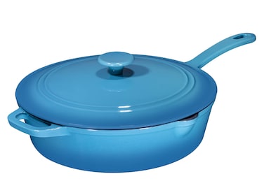 Bruntmor 5 Qt Cast Iron Skillet with Lid Turquoise Enameled Non Stick Frying Pan for Casserole, Saut&eacute;ing, and Grilling - Durable Handle Cookware for Easy Use