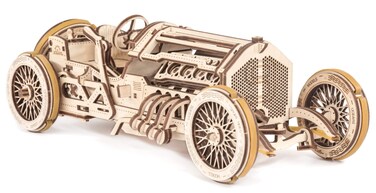 UGEARS U-9 Grand Prix Car Wooden Model (DIY Building Kit) Hand-Crank Powered Vehicle w/Working Pistons, Wheels, Shocks   Functional, Authentic Racing Design