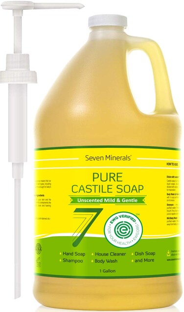 Seven Minerals EWG Verified Castile Soap - 1 Gallon, No Palm Oil, Unscented Mild &amp; Gentle Skin Cleaning, For Sensitive Skin, Baby Wash, Soothing, Non GMO &amp; Vegan Formula with Organic Carrier Oils