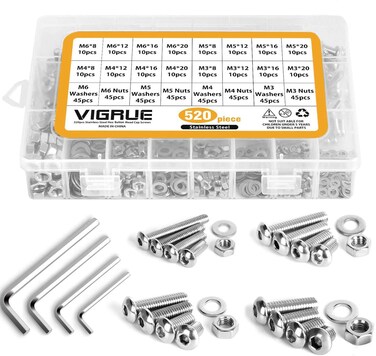 VIGRUE 520Pcs 304 M3 M4 M5 M6 Stainless Steel Bolts Nuts Washers Kit, Hex Socket Head Cap Screws Assortment Set Kit with Storage Box (520 Pcs Hex Button Head Cap Screws Nuts)