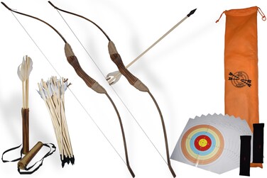 FSFF Enhanced Wooden Bow and Arrow Set 33 Piece-2 Bows 2 Quivers 16 Arrows 10 Targets &amp; 2 Armguards Beginner Toy Archery Outdoor Gift Idea Boy or Girl