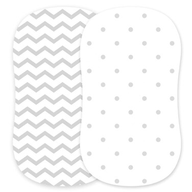 Bassinet Fitted Sheets Compatible with Halo, Fisher Price, Delta, Graco &ndash; Fits Perfectly on 15 x 33 Inch Oval, Rectangular Mattress Pad &ndash; Snuggly Soft Jersey Cotton &ndash; Grey Dots, Chevron &ndash; 2 Pack