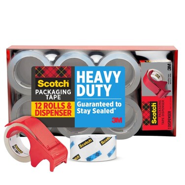 Scotch Heavy Duty Shipping Packaging Tape, 1.88" x 54.6 yd, 3" Core, Clear, Great for Packing, Shipping &amp; Moving, 12 Rolls with Dispenser