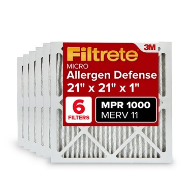 Filtrete 21x21x1 AC Furnace Air Filter, MERV 11, MPR 1000, Micro Allergen Defense, 3-Month Pleated 1-Inch Electrostatic Air Cleaning Filter, 6 Pack (Actual Size 20.81x20.81x0.81 in)