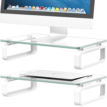 Hemudu 2 Pack Computer Monitor Stand Riser Multi Media Desktop Stand for Flat Screen LCD LED TV, Laptop/Notebook, with Tempered Glass and Metal Legs,HD02T-201