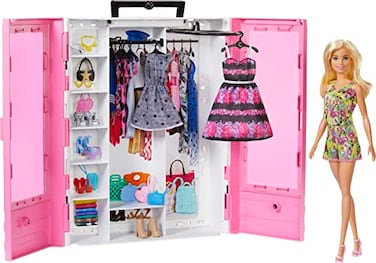 Barbie Fashionistas Doll &amp; Ultimate Closet Playset with Clothes &amp; 12 Accessories, Blonde Fashion Doll &amp; Pink Closet Toy with Storage, Fold-Out Rack &amp; Carrying Handle