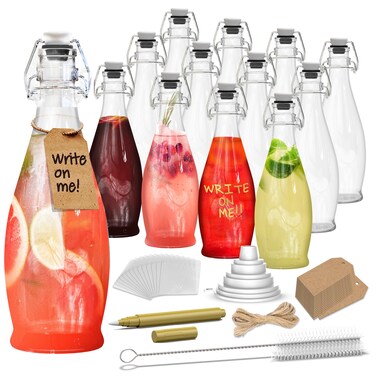 Nevlers 12 Pk 17 Oz Teardrop Flip Top Glass Bottles   Swing Top Glass Bottles   Flip Top Bottles with Brush, Funnel, Shrink Wrap &amp; More  Beer Bottles For Home Brewing   Vanilla Bottles   Wine Bottles