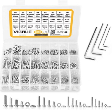 VIGRUE 570Pcs M5 M4 M3 Button Head Socket Cap Screws Bolts Nuts Washers Assortment Kit, Black Small Metric Screws Set Assortment, 10.9 Grade Alloy Steel