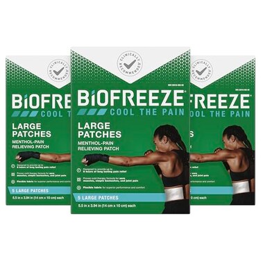 Biofreeze Pain Relief Patches, Arthritis Pain Reliver, Knee &amp; Lower Back Pain Relief Patch, Sore Muscle Relief, Neck Pain Relief, FSA Eligible, 3 Pack (5 Biofreeze Menthol Patches)