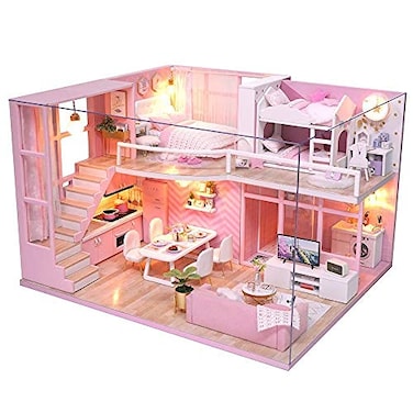 Spilay Dollhouse Miniature with Wooden Furniture,DIY Dollhouse Handmade Mini Modern Model with Dust Cover &amp; Music Box,1:24 Scale Doll House Creative Gift for Adult Friend Lover (Dream Angels)
