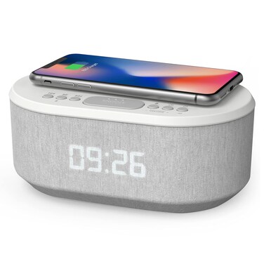 i-box Dawn, Alarm Clock for Bedrooms, FM Radio Alarm Clock with Wireless Charging, Speakers with Bluetooth, Digital Alarm Clock, USB Port, Dimmable Night Light (White)