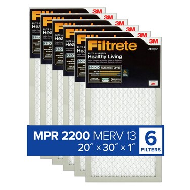 Filtrete 20x30x1 AC Furnace Air Filter, MERV 13, MPR 2200, Elite Allergen, Bacteria &amp; Virus Filter, 3-Month Pleated 1-Inch Electrostatic Air Cleaning Filter, 6-Pack (Actual Size 19.81x29.81x0.78 in)