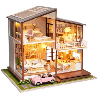 Spilay DIY Dollhouse Miniature with Wooden Furniture,DIY Dollhouse Kit Large Villa Model with LED Light &amp; Music Box,1:24 Scale Creative Room Gift for Adult Teenager
