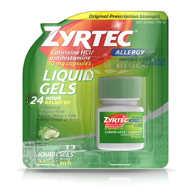 Zyrtec 24 Hour Indoor &amp; Outdoor Allergy Liquid Gels, Antihistamine Capsules with Cetirizine Hydrochloride for All-Day Allergy Relief, 12 ct ( Pack of 2)