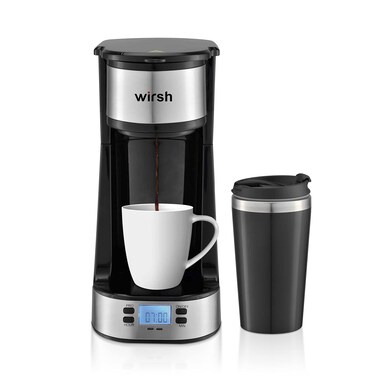 wirsh Single Serve Coffee Maker- Small Coffee Maker with Programmable Timer and LCD display,Single Cup Coffee Maker with 14 oz.Travel Mug and Reusable Coffee Filter, 【 NOT COMPATIBLE WITH POD】