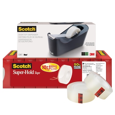 Scotch Tape Dispenser Value Pack with Scotch Super-Hold Tape, Black Dispenser, 1 in Core, 12 Packs (700K10C18BLK)